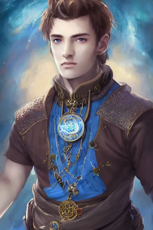 Image similar to beautiful portrait of a handsome young male wizard wearing a fancy blue tunic, l medallion!! around neck, art by wlop and artgerm, steampunk fiction, detailed deep blue eyes, ( long dark brown hair in ponytail!!!! ), space background, artstation, sharp focus, illustration, caustics, octane render, 4 k, radiant light