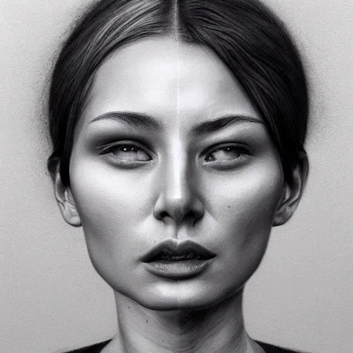 Image similar to a man and a woman, face blending together!!!!!!, photorealistic art style, charcoal drawing by richard mortensen, matte drawing, hyper realism, zbrush, mannerism