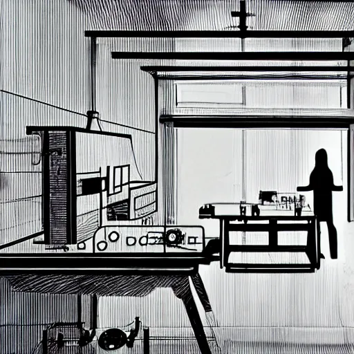 Image similar to Theory of body transfer, sci-fi, technical drawing on a architect table, laboratory and machinery, cinematic style