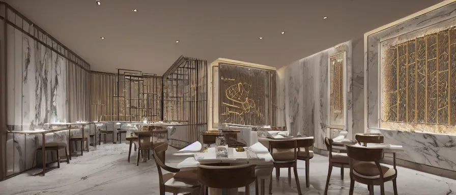 Prompt: a beautiful hyperdetailed interior render of roasted string hotpot restaurant restaurant yan'an, wall corner, from china, marble walls and white floors, with merchant logo, fine delicate structure, chinese style, simple composition, simple style structure decoration design, victo ngai, 4 k hd