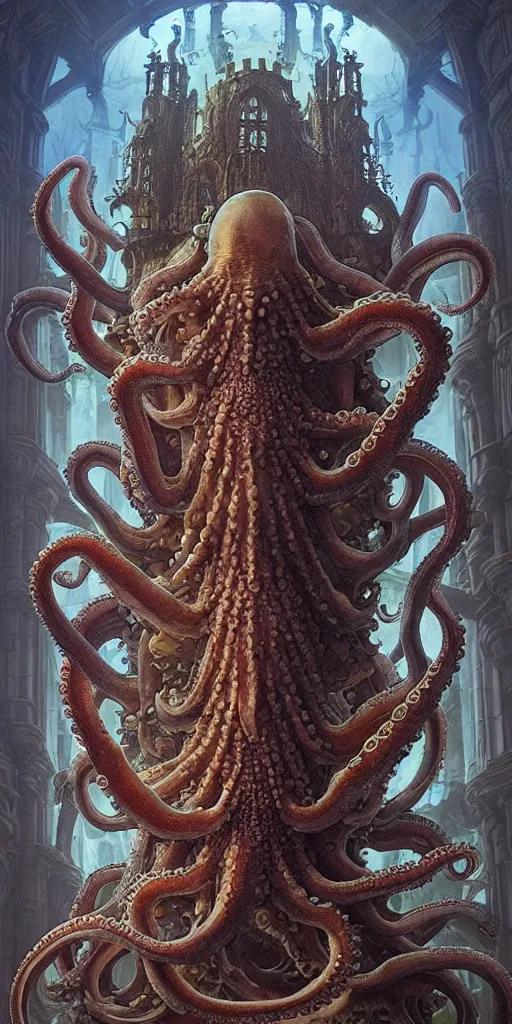 Prompt: high ranked mage with big octopus head and a lot of translucent jellyfishes floating around inside an ancient mage castle hall colossal scale, gothic and baroque, brutalist architecture, ultradetailed, Intricate by Ellen Jewett and Josan Gonzalez and Giuseppe Arcimboldo