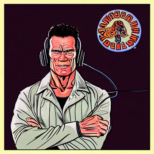 Image similar to drawn in the style of jean giraud!! arnold schwarzenegger wearing headphones and speaking into big microphone, podcast!