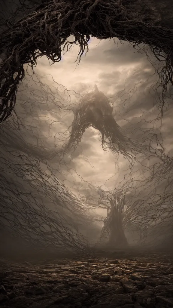 Image similar to the tendrils of a dormant god extending up into the sky, volumetric lighting, unreal engine 5, harrowing apocalyptic atmosphere, photorealistic, unnerving, hyperdetailed 3d matte painting, hyperrealism, hyperrealistic, cinematic masterpiece, fantasy horror style 8k ultrahd octane render