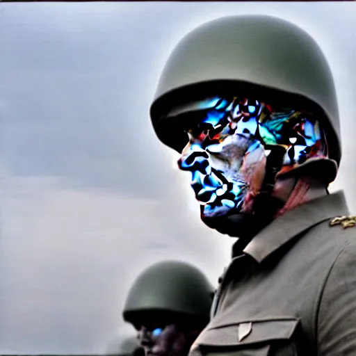 Image similar to donald trump as a soldier in vietnam, riding tank, kodak, film still, blue tint