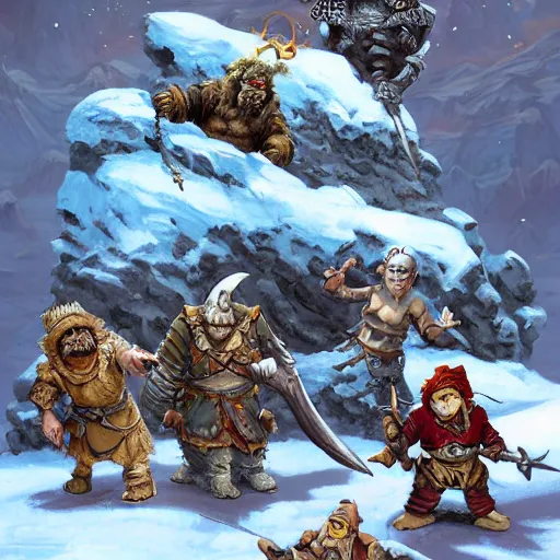 Image similar to an orc barbarian, gnome druid, halfling sorcerer, tabaxi monk, and warforged swashbuckler rogue fighting an adult white dragon on top of an ancient, ice covered fortress at the peak of a mountain, epic fantasy art wide angle, tony diterlizzi, lisa parker, selina fenech