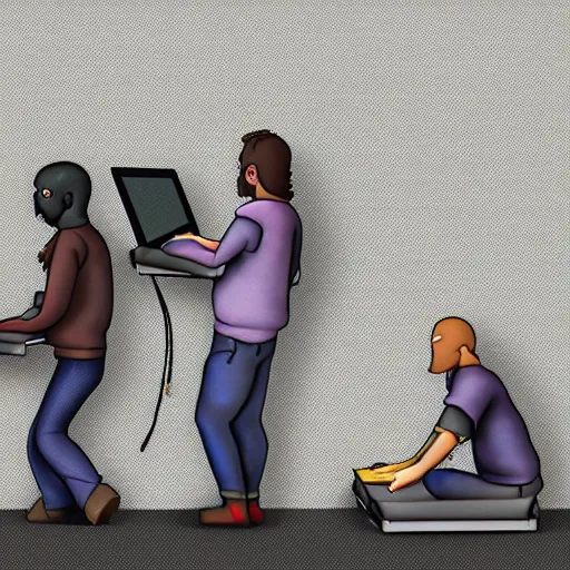 Prompt: a group of realistic bums using laptops near trashcans, angry, highly detailed, intricate, sharp focus, digital art, 8 k