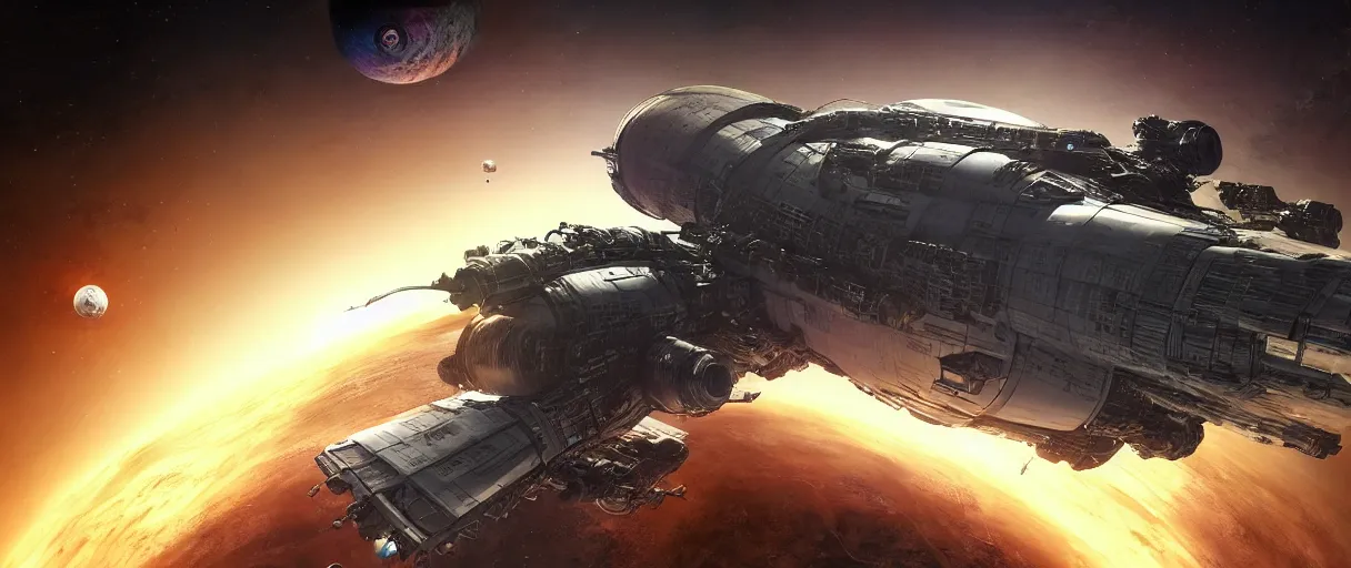 Image similar to a detailed space cruiser in orbit above a planet, detailed render, post - processing, extremely hyperdetailed, intricate, epic composition, cybernetics, 4 k realistic, cryengine, realistic shaded lighting, sharp focus, masterpiece, detailed eyes by matteo scalera, gary montalbano, peter elson in the style of the tokyo ghost comic