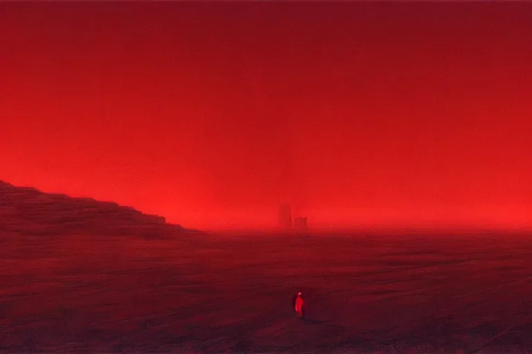 Image similar to only with red, a red god of death eat apple, a futuristic city on mars in background, an ancient path, pathos, in the style of beksinski, part by hopper, part by rodcenko, part by hofbauer, intricate composition, red by caravaggio, insanely quality, highly detailed, masterpiece, red light, artstation