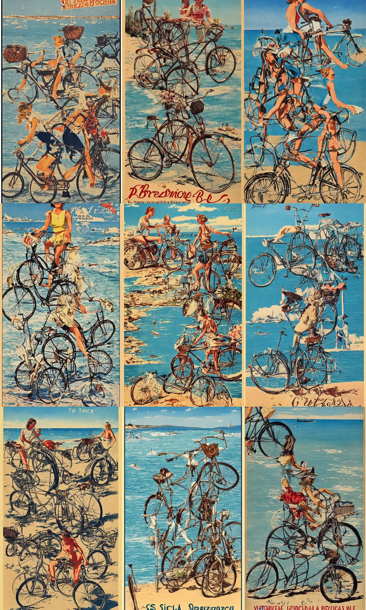 Prompt: vintage bicycle poster bike to the beach, st tropez