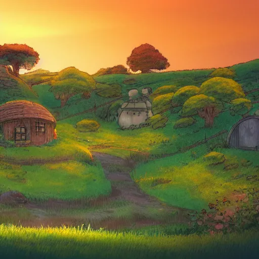 Prompt: the shire at sunset in the style of ghibli, 8 k, artstation, award wining, - 7 6 8