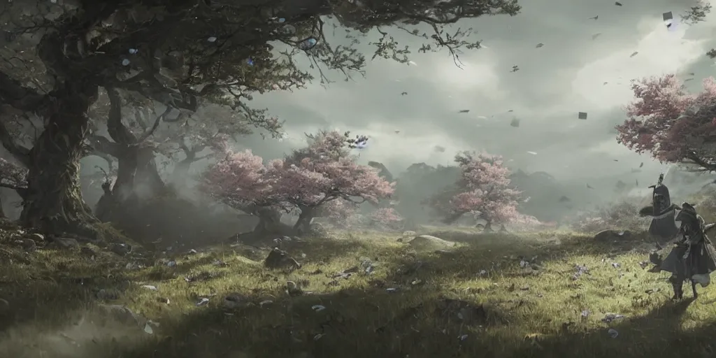 Image similar to an environmental concept art of ghost of tsushima, samurai duel, sakura petals blowing in the wind, highly detailed, directional light, cinematic by francis tneh