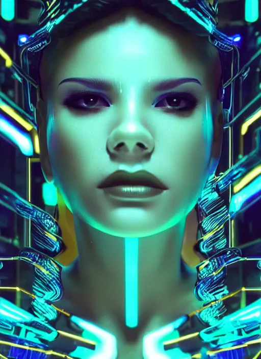 Image similar to a hispanic female humanoid, cyber neon lighting, futurism, cyberpunk high fashion, glamor profile pose, hyper photorealistic, intricate futuristic jewelry, crispy quality, digital photography, trending in artstation, trending in pinterest, cinematic, 4 k ultra hd, art by pascal blanche, art by artgerm, art by greg rutkowski,