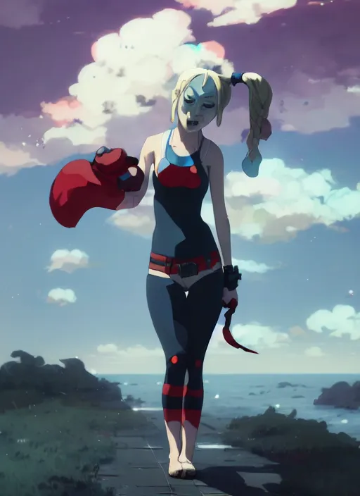 Image similar to portrait of harley quinn, cloudy sky background lush landscape illustration concept art anime key visual trending pixiv fanbox by wlop and greg rutkowski and makoto shinkai and studio ghibli