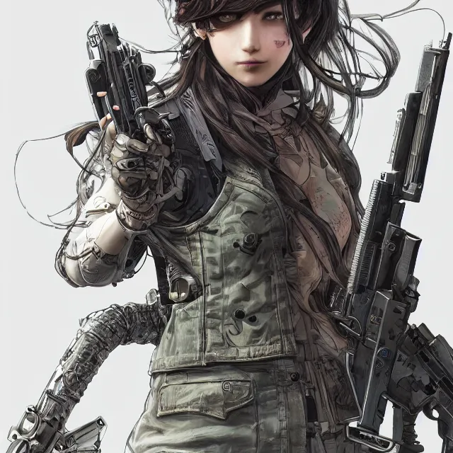 Image similar to the portrait of lawful neutral female cyberpunk infantry sniper as absurdly beautiful, gorgeous, elegant, young woman looking up, an ultrafine hyperdetailed illustration by kim jung gi, irakli nadar, intricate linework, bright colors, octopath traveler, final fantasy, unreal engine 5 highly rendered, global illumination, radiant light, detailed and intricate environment