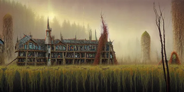 Image similar to painting dreadful forest of weeping willows in a bog by tomasz alen kopera and cornelius dammrich with futuristic wood castle by eddie jones and simon stahlenhag