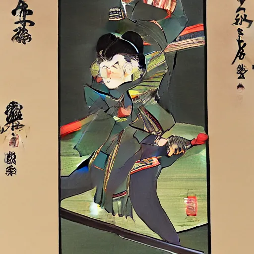 Prompt: Japanese painting of a Nekomata wielding multiple Katana.