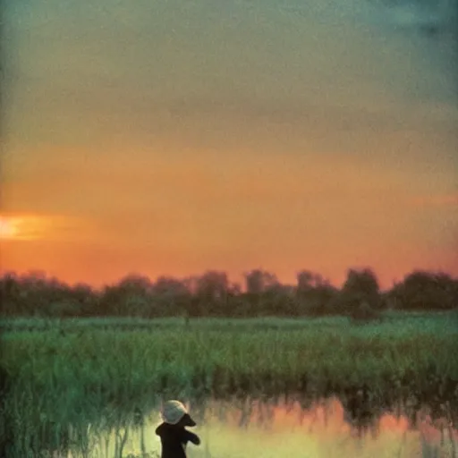 Image similar to Movie scene photography of a 10 years old boy playing in the dirty swamp, by tarkovsky, wong kar wai photography, sunset, monet pastel ambient