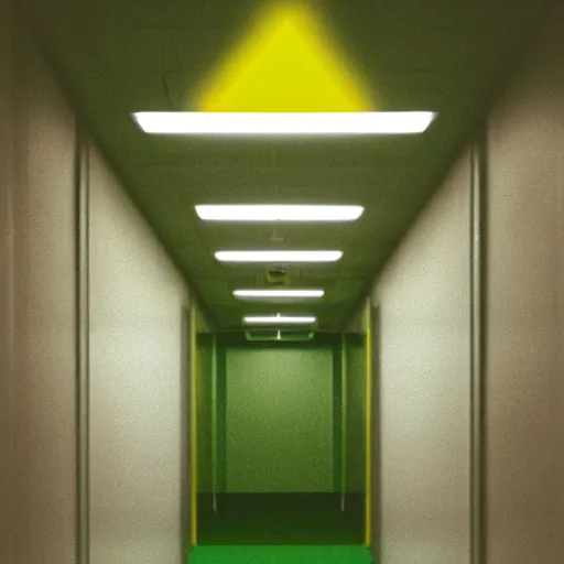 Prompt: a green glowing exit sign in a drab, yellow carpeted, yellow walled office room from the 9 0's