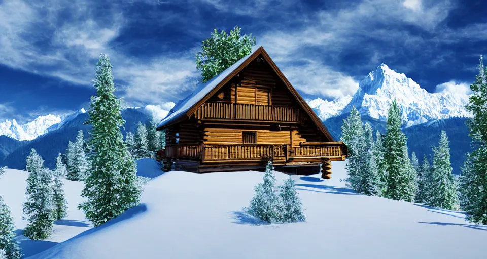 Image similar to log cabin beneath the alps, vaporwave, 4 k