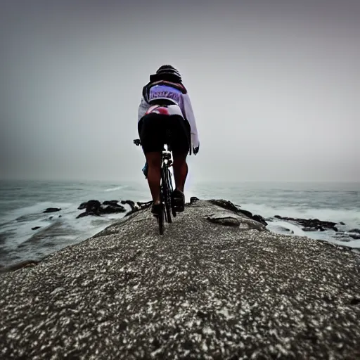 Prompt: a scene from a fever dream, Bicycling on a rocky path, Rider's POV, point of view, GoPro camera, entering the scary murky ocean, Fog. Ultrarealistic 25mm f/1.7 ASPH Lens