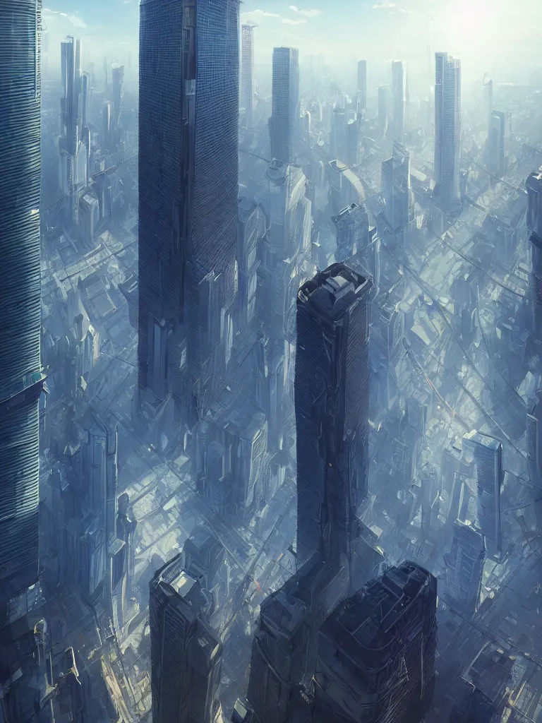 Prompt: Epic scene of a beautiful futuristic Tokyo, gigantic skyscrapers, very straight clean edges, by Greg Rutkowski and Krenz Cushart and Pan_Ren_Wei and Hongkun_st and Rutger van de Steeg and JULIAN CALLE and WLOP and Feng Zhu, Madhouse Inc., anime style, crepuscular rays, Street level view, dapped light, dark fantasy, cgsociety, trending on artstation