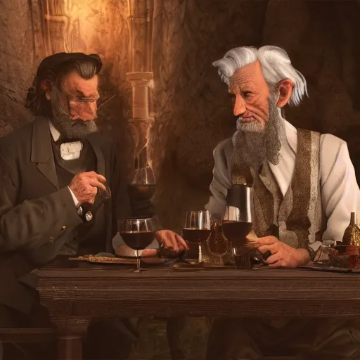 Prompt: abraham lincoln and gandalf drinking wine, fairy tale, stunning, surrounding cinematic light, hyper detailed, ornate and intricate, 4 k cinematic octane render