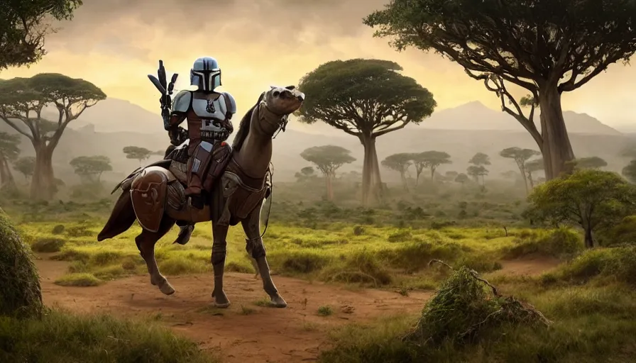 Prompt: mandalorian riding a horse, madagascar with baobabs trees in the background, action scene, an epic fantasy, artgerm and greg rutkowski and alphonse mucha, an epic fantasy, volumetric light, detailed, establishing shot, an epic fantasy, cinematic, photorealistic, ultrarealistic, trending on art station, octane render, midsommar