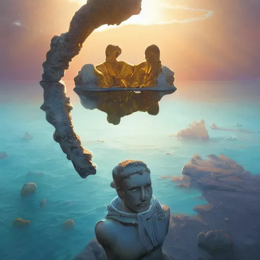 Image similar to peter tarka, golden hour, minimalistic, hyperrealistic surrealism, award winning masterpiece with incredible details, epic stunning, astronaut sinking falling underwater infinity pool, a surreal vaporwave liminal space, highly detailed, trending on ArtStation, artgerm and greg rutkowski and alphonse mucha, daily deviation, IAMAG, broken giant marble head statue ruins, illuminated