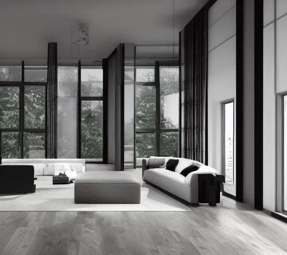 Image similar to brutalist black mansion luxury living room open space tall windows interior design minimalist organic, organic architecture furniture open space high quality octane render blender 8 k