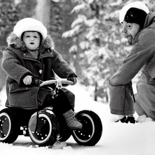 Image similar to on the set of the shining, danny is riding his big wheel, kubrick has his parka on,