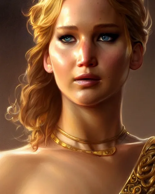 Image similar to Jennifer Lawrence, closeup, D&D, fantasy, intricate, elegant, highly detailed, digital painting, artstation, concept art, matte, sharp focus, illustration, hearthstone, art by Artgerm and Greg Rutkowski and Alphonse Mucha