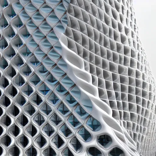 Image similar to giant parametric building that is white, horizontal, fluid form, complex | cinematic, hyper realistic, crazy detail, smoke geometry, artstation, hyper realistic, super detail