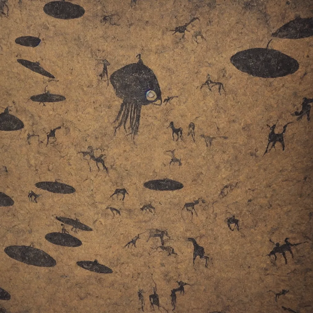 Prompt: cave painting of a ufo encounter, incredible photograph, detailed, historical photography