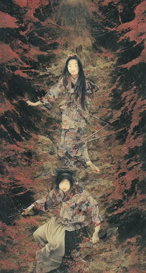 Image similar to Japanese schoolgirl runs away from Samurai with a katana on the subway, high detailed Beksinski painting, part by Adrian Ghenie and Gerhard Richter. art by Takato Yamamoto. masterpiece