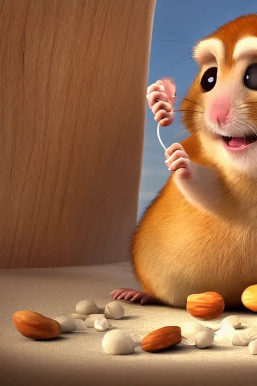 Image similar to funny hamster with cheeks full of nuts trying to push one more peanut into his mouth. pixar disney 4 k 3 d render funny animation movie oscar winning trending on artststion and behance. oscar award winning.