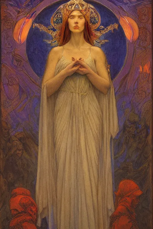 Image similar to queen of the dawn with her lantern, by Annie Swynnerton and Nicholas Roerich and jean delville, dramatic cinematic lighting , ornate headdress , flowing robes, lost civilizations, extremely detailed