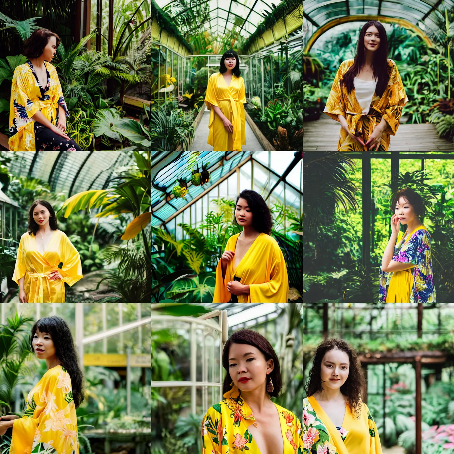 Prompt: a portrait of beautiful woman wearing a yellow kimono in a tropical greenhouse, bokeh, cinematic colors