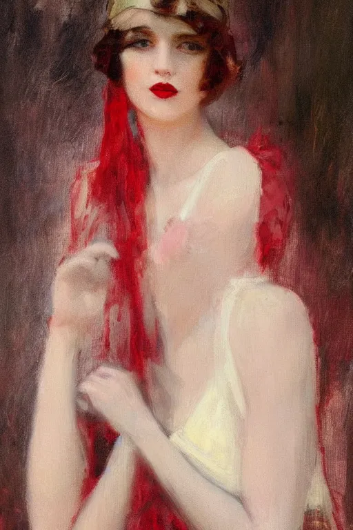 Image similar to Solomon Joseph Solomon and Richard Schmid and Jeremy Lipking victorian genre painting full length portrait painting of a young beautiful woman 1920s flapper , red background