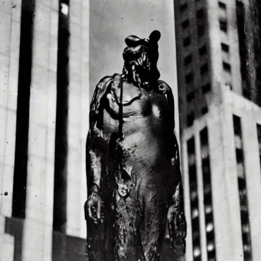 Image similar to Wet plate image of a mythic man, age 34, Standing outside 30 Rockefeller Center, He has large black wings, Dark photo, Slightly blurred,