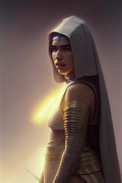 Image similar to portrait of dua lipa as a beautiful warrior nun as drawn by eric anthony johnson ericanthonyj artstation artgerm greg rutkowski and magali villeneuve 8 k subsurface scattering, soft light