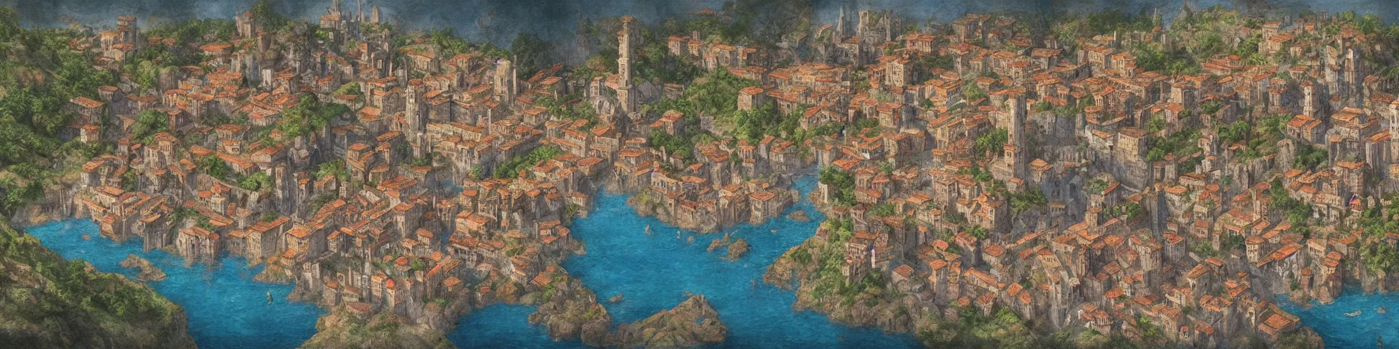 Image similar to Aerial map of a medieval italian city on top of a giant waterfall, D&D, fantasy, brightly colored buildings, highly detailed, digital painting, artstation, smooth, sharp focus, illustration, art by greg rutkowski studio ghibli, cinematic,