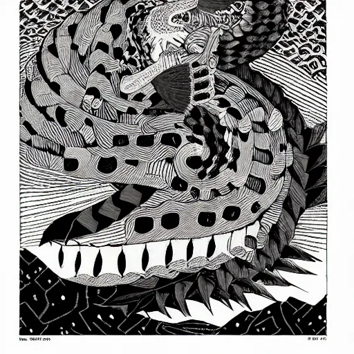 Image similar to b & w illustration of quetzalcoatl, resolved, showing conviction or bad humor by a gloomy silence or reserve, by studio multi and victo ngai, malika favre, punk fanzine copy, william s burroughs, cut up film