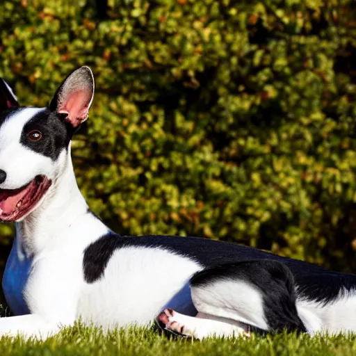 Image similar to old smooth fox terrier with a white and black coat, red collar, white tail, lying in the sun