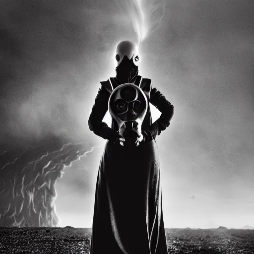 Image similar to agent woman with white suit, she wear gasmask, in mordor, standing close to Sauron's eye, fire raining, professional photography, black and white, cinematic, eerie