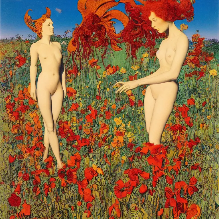 Prompt: Red-haired girl, androgynous appearance, standing in flowers, golden background Stanisław Szukalski and Roger Dean