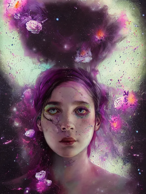 Prompt: art portrait of space decaying girl with purple eyes, with flower exploding out of head,8k,by tristan eaton,Stanley Artgermm,Tom Bagshaw,Greg Rutkowski,Carne Griffiths,trending on DeviantArt,face enhance,hyper detailed,minimalist,cybernetic, android, blade runner,full of colour