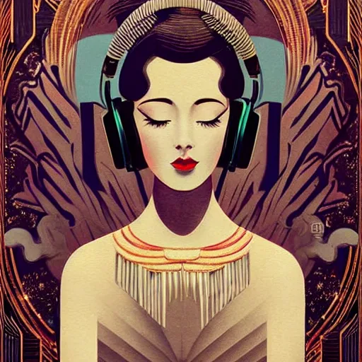 Image similar to intricate, amazing, art deco, retro vintage and romanticism, painting by natelle quek, soft color palette, highly detailed, godess with headphones from space sci - fi of ancient religion