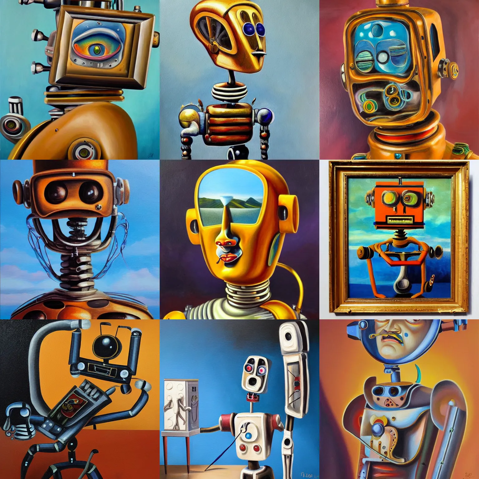 Prompt: a detailed oil painting of a robot artist in the style of salvador dali
