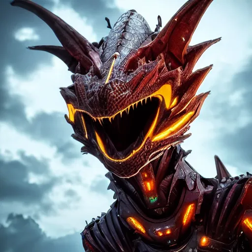 Image similar to stunning headshot of a beautiful anthropomorphic robot female dragon, with smooth and streamlined armor, posing elegantly, well detailed dragon head with epic detailed LED eyes maw, sharp and dangerous sleek design, two arms, beautiful digital art, artstation, DeviantArt, FurAffinity, professional, depth of field, close-up, hd, octane render, sunset lighting