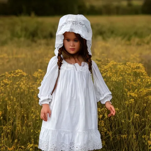 Image similar to beautiful pioneer girl in a meadow, white lacy dress and bonnet, portrait